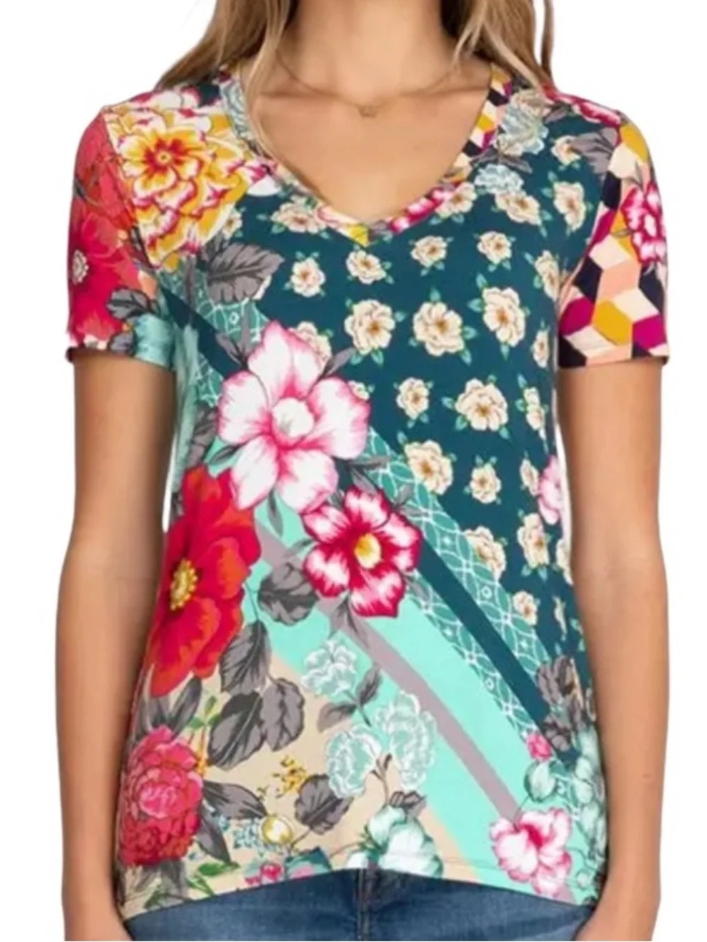 Johnny Was Bamboo Nellie Scarf Favorite Short Sleeve Top Size XXL Floral Artsy 3 - Picture 4 of 7